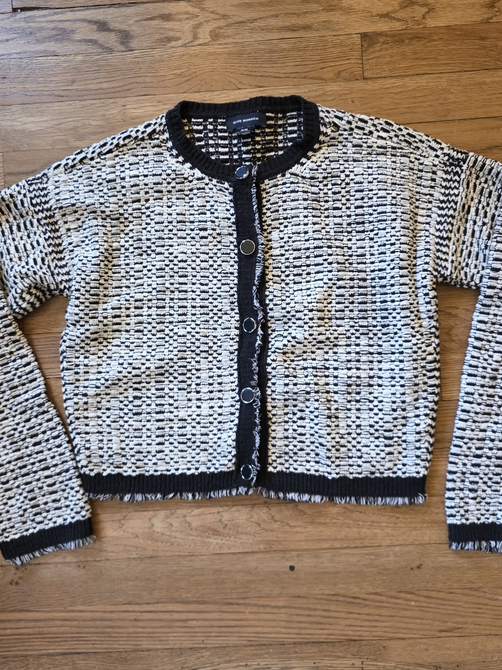 Club Monaco Black & White Bouclé Cropped Cardigan